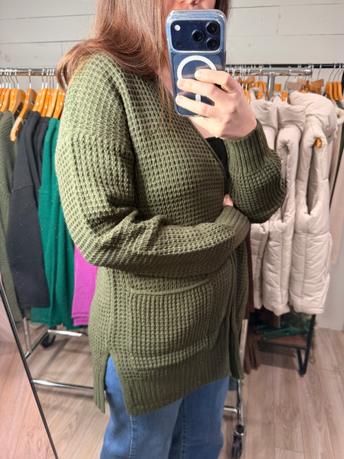 Waffle Cardigan in Olive