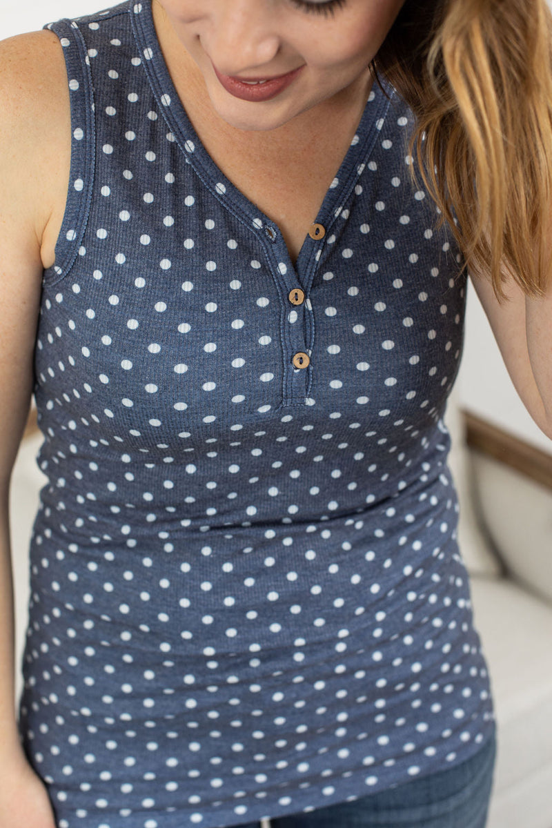 Addison Henley Tank - Navy Dot-tank-The Gray Barn Boutique, Templeton Massachusetts