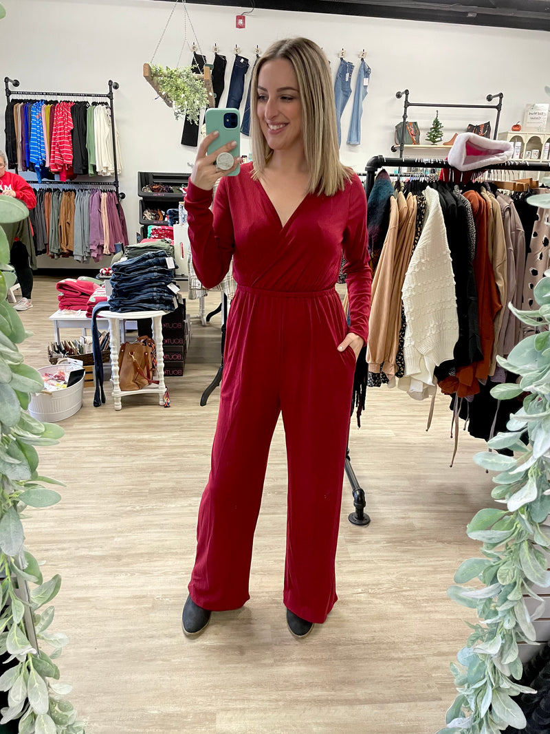 Long Sleeve Ribbed Jumpsuit in Red