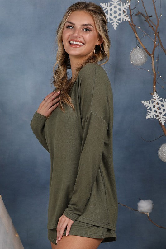 Cutest Ever Long Sleeve Top/Shorts Lounge Set in Olive Green-Sets-The Gray Barn Boutique, Templeton Massachusetts