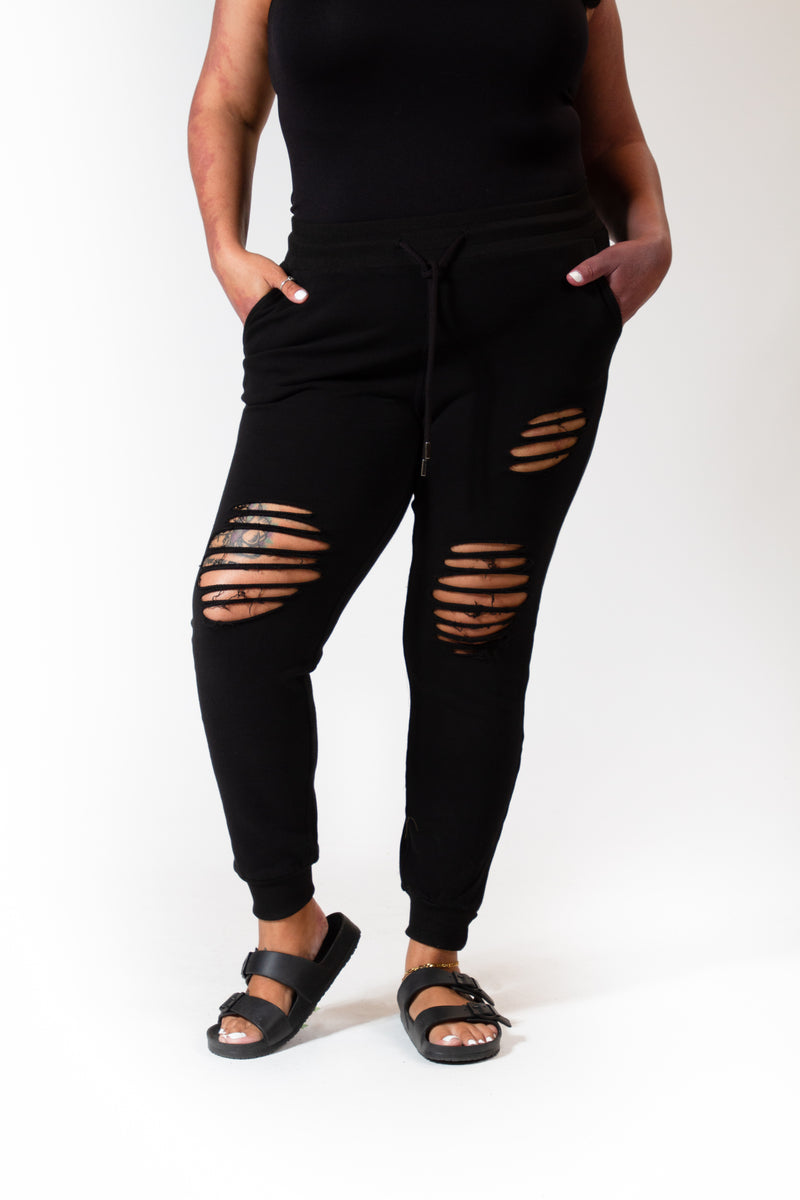 Distressed Knit Joggers in Black-Bottoms-The Gray Barn Boutique, Templeton Massachusetts