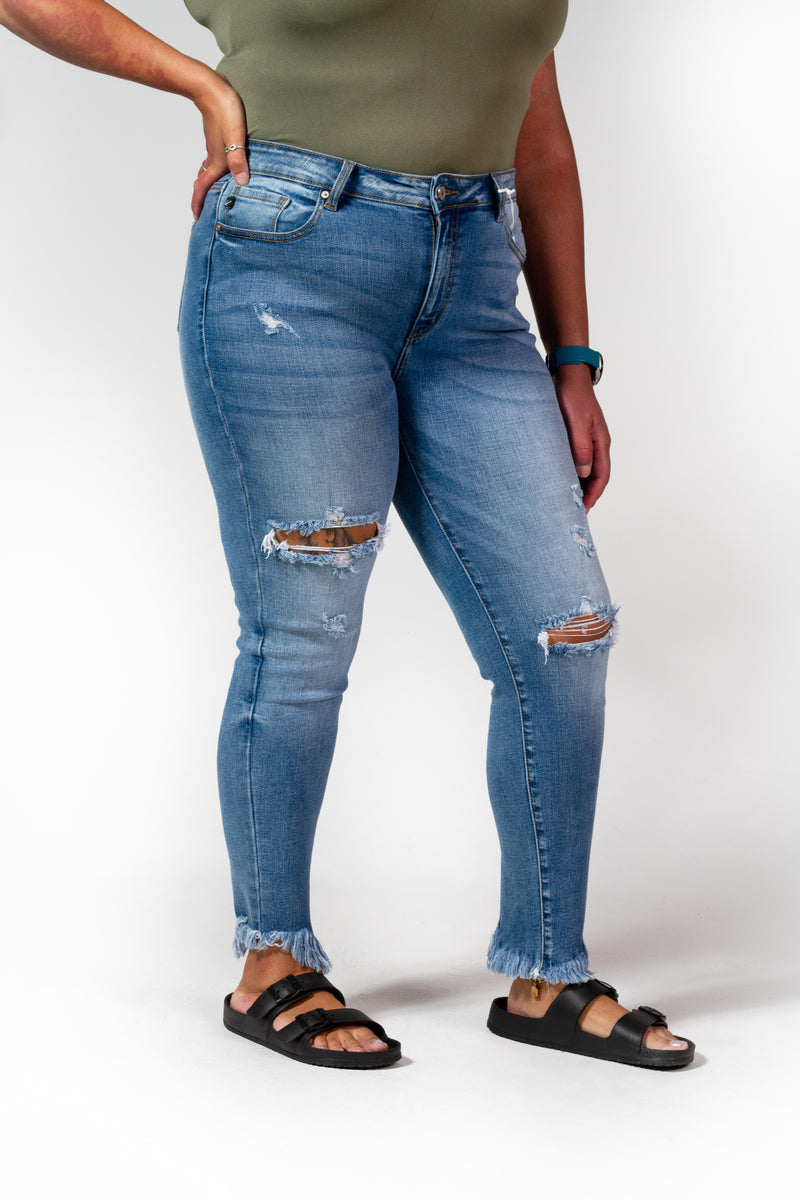 KanCan High Rise Ripped Skinny Jeans with Frayed Ankle-Bottoms-The Gray Barn Boutique, Templeton Massachusetts