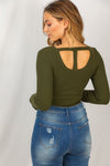 Ribbed Long Sleeve Peekaboo-Back Bodysuit in Olive