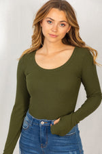 Ribbed Long Sleeve Peekaboo-Back Bodysuit in Olive